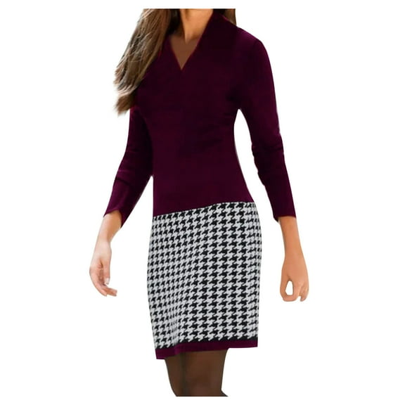 Jumper Dress for Women Plus Size Houndstooth Ladies V-Neck Dress Elegant Long Sleeve Casual Dresses Stitching Slim Fit Midi Dress Work Office Business Sweatshirt Dresses