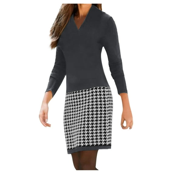 Jumper Dress for Women Plus Size Houndstooth Ladies V-Neck Dress Elegant Long Sleeve Casual Dresses Stitching Slim Fit Midi Dress Work Office Business Sweatshirt Dresses