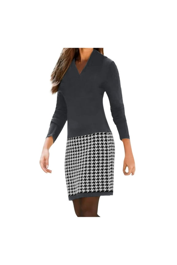 Jumper Dress for Women Plus Size Houndstooth Ladies V-Neck Dress Elegant Long Sleeve Casual Dresses Stitching Slim Fit Midi Dress Work Office Business Sweatshirt Dresses