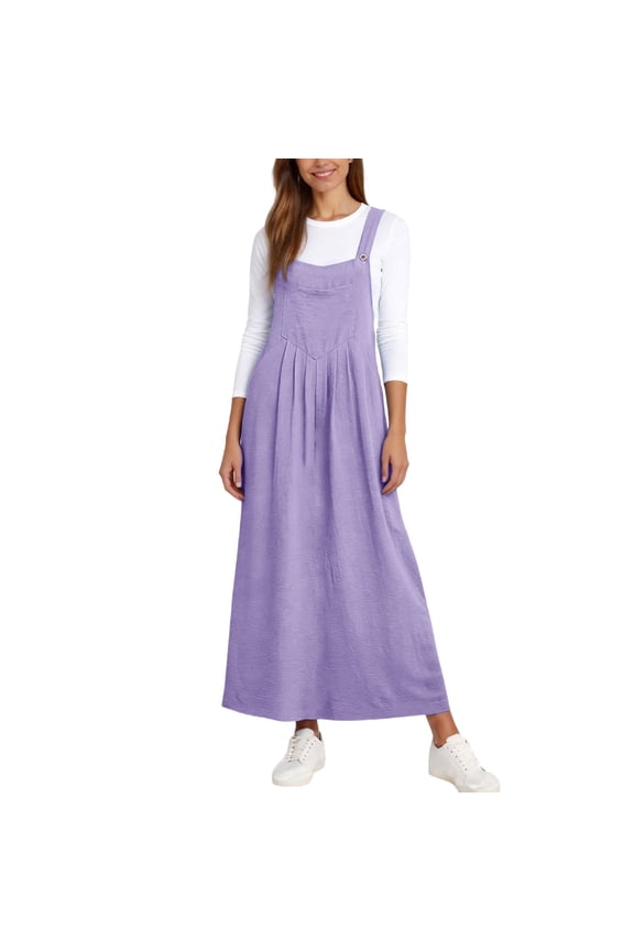 Jumper Dress for Women Summer A-Line Straps Maxi Dress with Pockets Flowy Overalls Beach Vacation Clothes Purple M