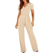 BSYOUFIER Jumpers for Women Casual Clearance Deals Women's Elegant Jumpsuit V Neck Long Jumpsuit Trouser Suit Playsuit Romper , Wide Leg Jumpsuits for Women , Womens Jumpsuits Dressy Beige L