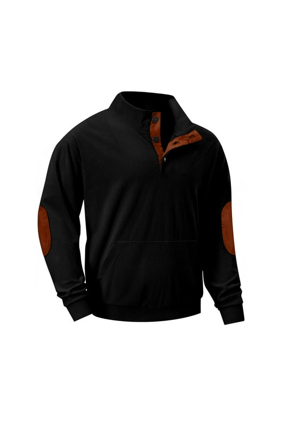Jumpers for Men Long Sleeve Solid Color Corduroy Colourblock Pullover Quarter Button Hoodless Sweatshirt Standing Collar Kangaroo Pocket Loose Tops