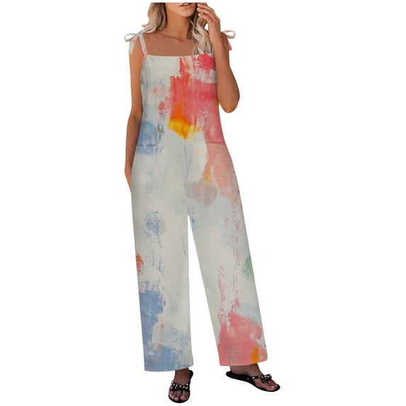 Jumpers for Women Casual Tie Shoulder Sleeveless Wide Leg Jumpsuits with Pockets Summer Romper Plus Size Fashion