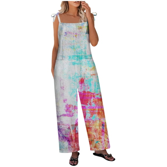 Jumpers for Women Casual Tie Shoulder Sleeveless Wide Leg Jumpsuits with Pockets Summer Romper Plus Size Fashion