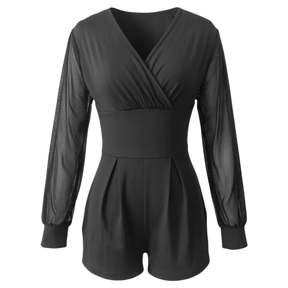 Jumpers for Women Elegant Long Sleeve Mesh High Waist Short Jumpsuit With Tie Flowy Straight Leg Cocktail Evening Romantic