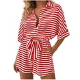 thumbnail image 1 of Jumpers for Women Striped Short Sleeve Button Down Overalls Shorts Summer Drawstring Rompers with Pockets, 1 of 6