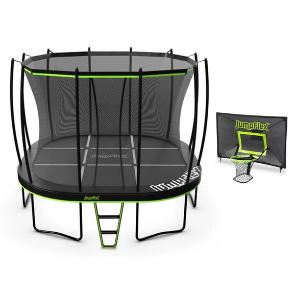 Jumpflex MEGA 14' Trampoline, Outdoor Playset with PROJAM Basketball Hoop, Black/Green
