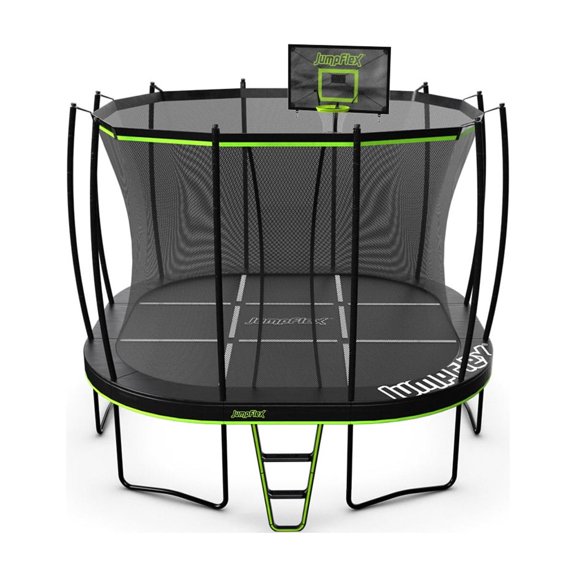 Jumpflex MEGA 14' Trampoline, Outdoor Playset with PROJAM Basketball Hoop, Black/Green