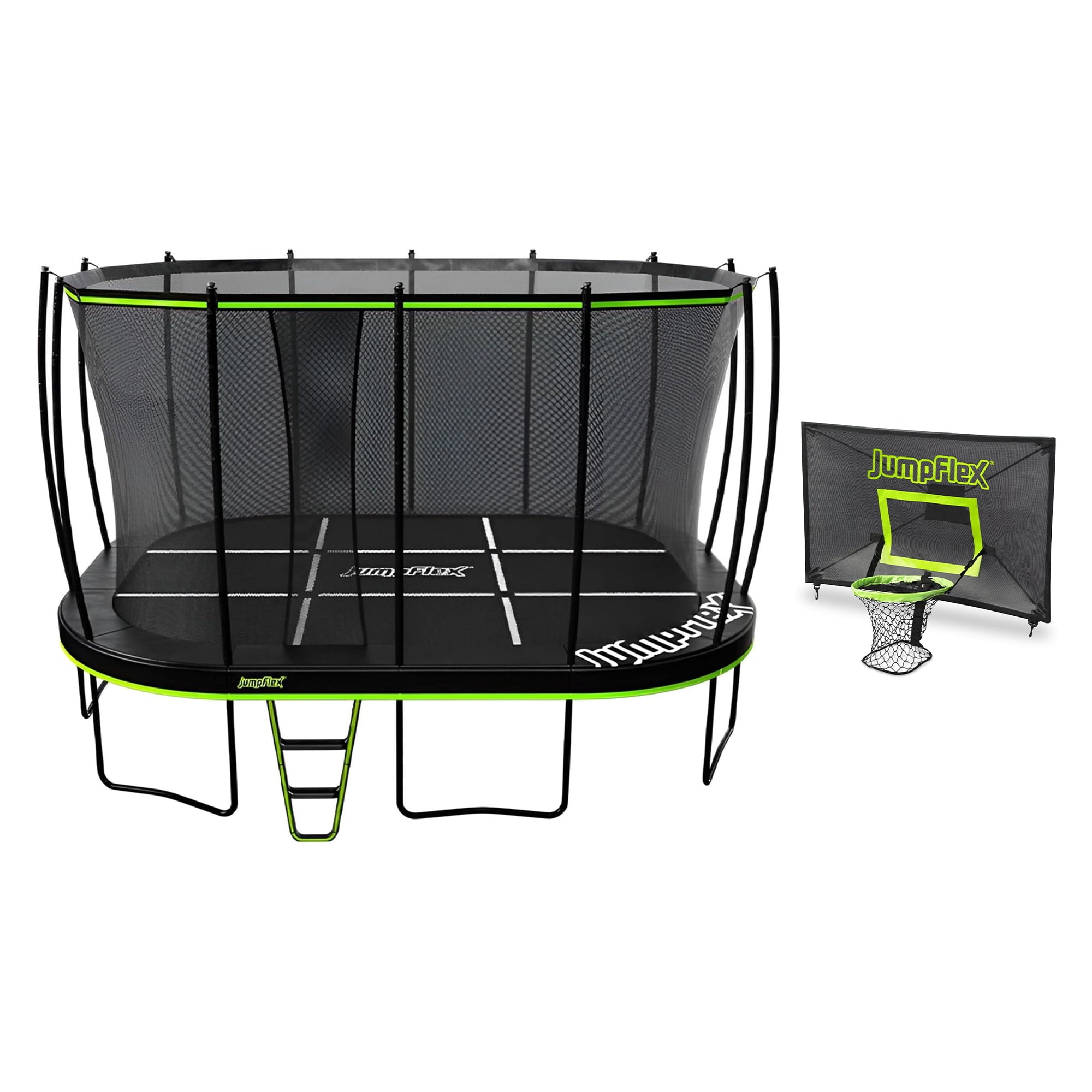 Jumpflex MEGA 17' Trampoline, Outdoor Playset with PROJAM Basketball Hoop, Black/Green
