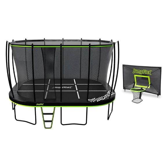 Jumpflex MEGA 17' Trampoline, Outdoor Playset with PROJAM Basketball Hoop, Black/Green
