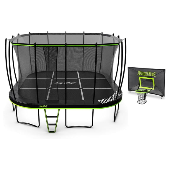 Jumpflex MEGA 19' Trampoline, Outdoor Playset with PROJAM Basketball Hoop, Black/Green