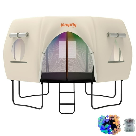 Jumpfly 10FT Trampoline Tent(Only Tent Cover),Fit for 8 Curved Poles Round Trampoline,Trampoline Shade Cover with LED Light,Outdoor Trampoline Accessories Canopy,Sunscreen Clubhouse,Anti-Tear,Beige