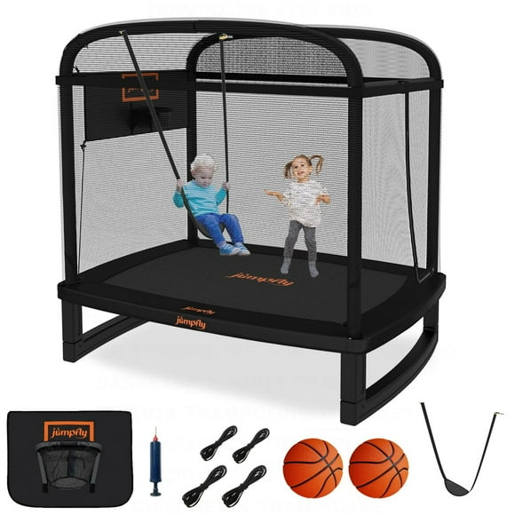 Jumpfly 6FT Rectangle Trampoline for Kids,Toddler with Enclosure Swing&Basketball Hoop,Mini Small Baby Indoor&Outdoor , for Age 3+