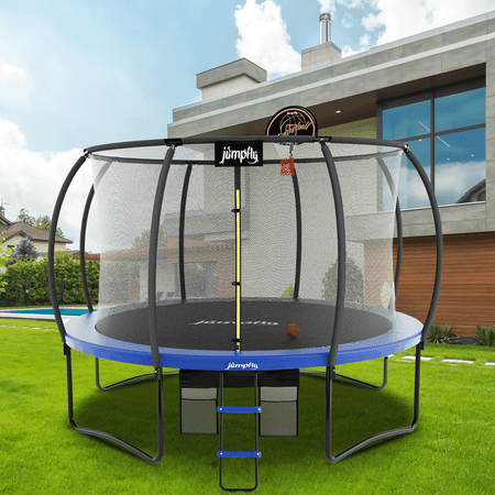 Jumpfly Trampoline 10FT Trampoline with Basketball Hoop-Curved Poles Reinforced Recreational Trampolines with Enclosure And Ladder-Outdoor Trampoline for Kids