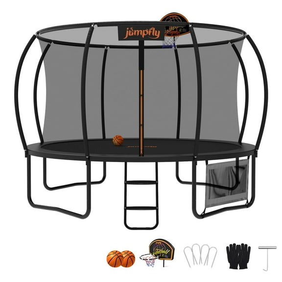 Jumpfly Trampoline 10FT for Kids and Adults with Basketball Hoop,Safety Enclosure Net, Anti-Rust,Black
