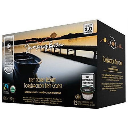 Jumping Bean East Coast Medium Roast Ground Organic Coffee Keurig Pods, 12 count, 120g/4.2 oz. Box {Imported from Canada}