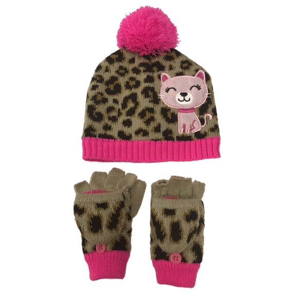 Jumping Beans Girls 2pc Leopard Print Kitty Cat Beanie Hat & Gloves Set Large