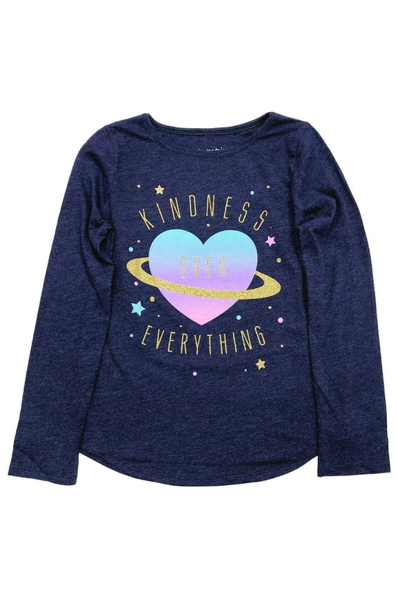 Girls Long Navy Sparkle Kindness Over Everything T-Shirt Shirt 7
