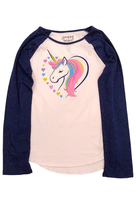 Girls Long Pink & Navy Sparkle Heart Unicorn T-Shirt Tee Shirt 12