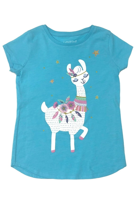 Girls Short Sleeve Blue Sparkle Llama Alpaca T-Shirt Tee 5