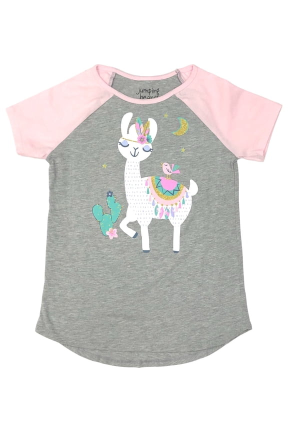 Girls Short Sleeve Gray & Pink Sparkle Llama T-Shirt Tee Shirt 6