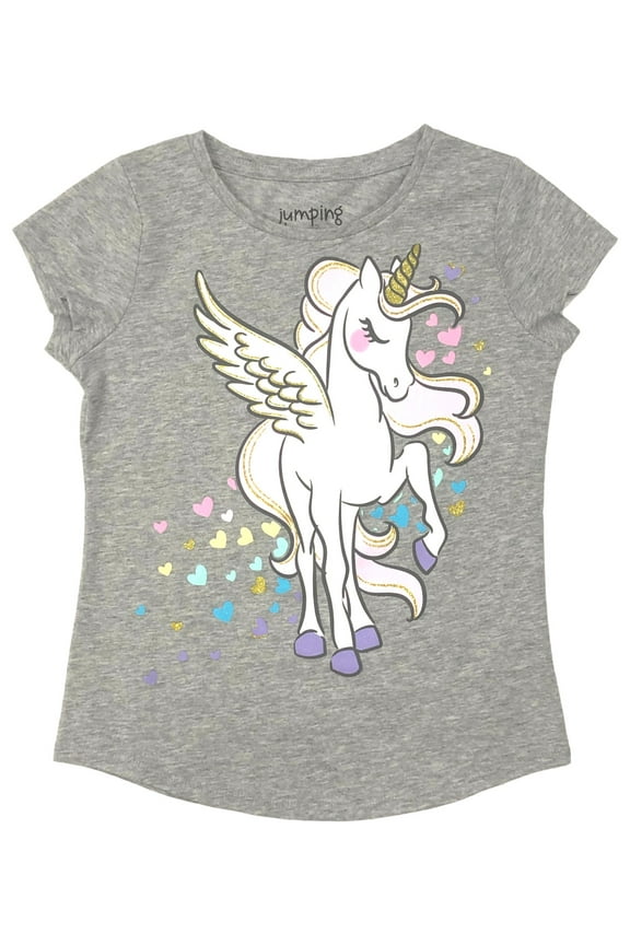 Girls Short Sleeve Gray Sparkle Pegasus Unicorn T-Shirt Tee 5