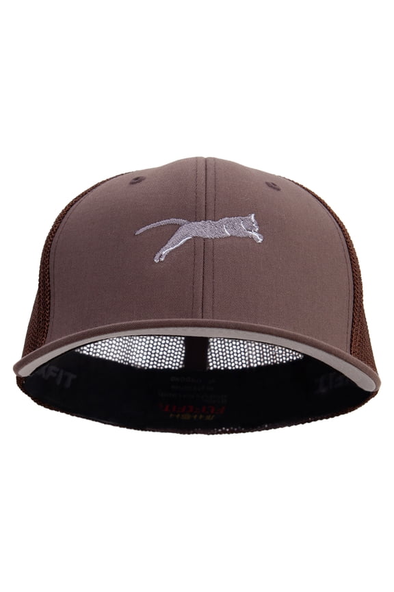 Jumping Cat Icon Embroidered 6 Panel Trucker Flexfit Cap - Brown OSFM