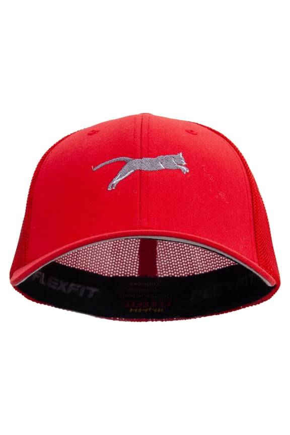 Jumping Cat Icon Embroidered 6 Panel Trucker Flexfit Cap - Red OSFM