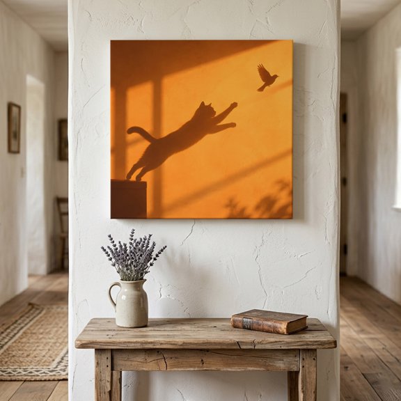 Jumping Cat Shadow Canvas Wall Art Framed Wall Decor for Living Room Bedroom Bathroom, Minimalist Flying Bird Window Shadow Orange Canvas Pictures Ready to Hang Decor, 8"x8"
