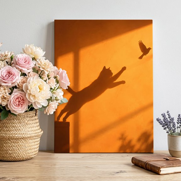 Jumping Cat Shadow Canvas Wall Art, Minimalist Flying Bird Window Shadow Orange Painting Pictures Print Framed Canvas Wall Decor Artwork Decorations Ready to Hang for Living Room Bedroom 28"x22"