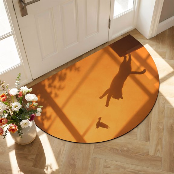 Jumping Cat Shadow Diatomaceous Earth Bath Mat, Minimalist Flying Bird Window Shadow Orange Half Round Non-Slip Quick Dry Door Mat Super Absorbent Bath Rug for Bathroom Kitchen Laundry 16x24in