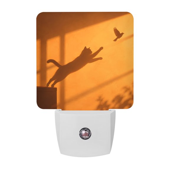 Jumping Cat Shadow LED Night Light, Minimalist Flying Bird Window Shadow Orange Night Lights plug into Wall with Smart Sensor Dusk to Dawn Sensor for Nursery Bedroom 2.95x4.5in