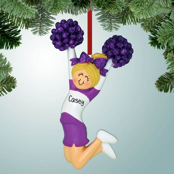 Jumping Cheerleader Purple - Blonde Hair Christmas Ornament - Cheer Squad - Drill Team - Dancers - High School