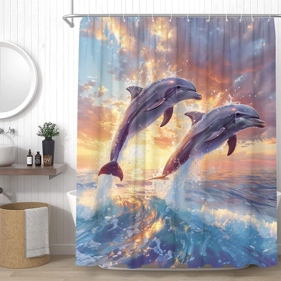 Jumping Dolphin Shower Curtain, Cute Sea Animal Marine Life Ocean Beach Coastal Design, Polyester Fabric with Hooks 36"W x 72"H