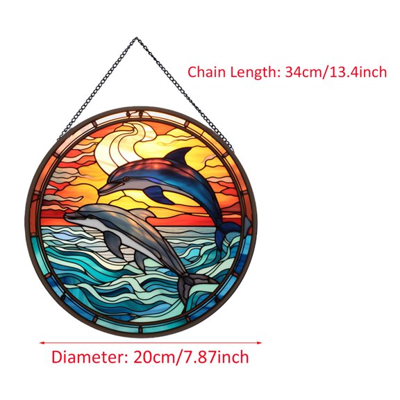 Jumping Dolphin Stained Glass Suncatcher Window Hanging 20x20cm 34cm Chain