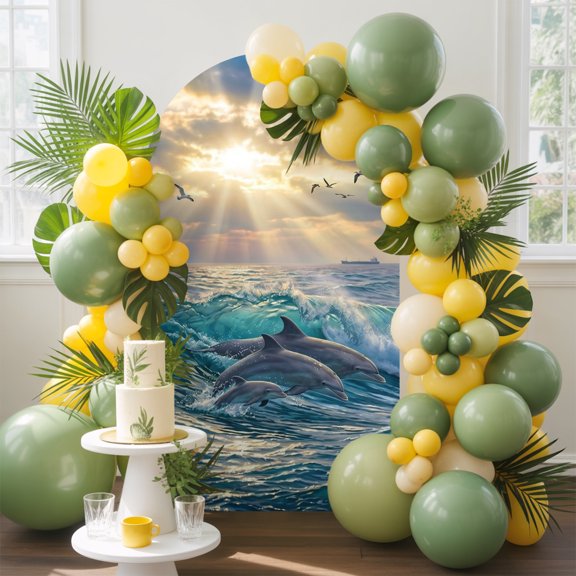 Jumping Dolphins Arch Backdrop Cover, 4FT, Ocean Waves Sun Rays Sea Coastal Spandex Arch Covers Double-Sided Backdrop for Wedding Birthday Party Photo Background Decoration