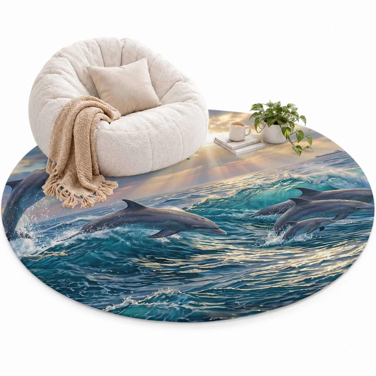 Jumping Dolphins Area Rug 3', Ocean Waves Sun Rays Sea Coastal Soft Mat ...