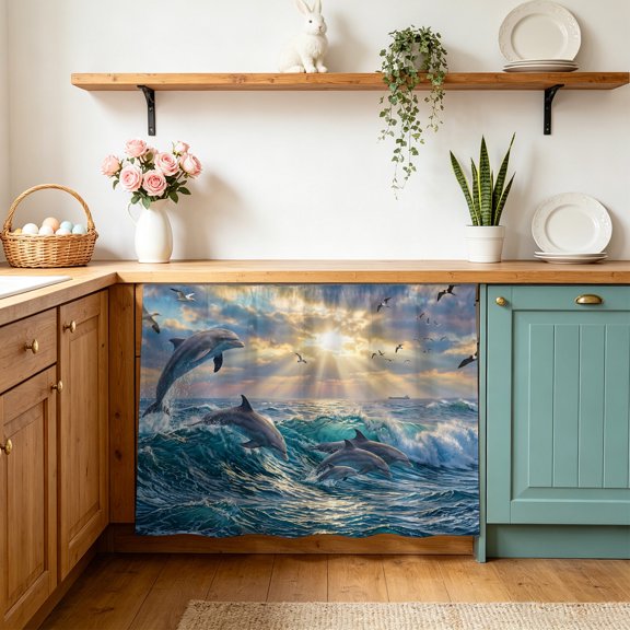 Jumping Dolphins Cabinet Curtains 10" W x 11" L Ocean Waves Sun Rays Sea Coastal Waterproof Adhesive Kitchen Under Sink Curtain Dust-Proof Dishwasher Skirt for Closet