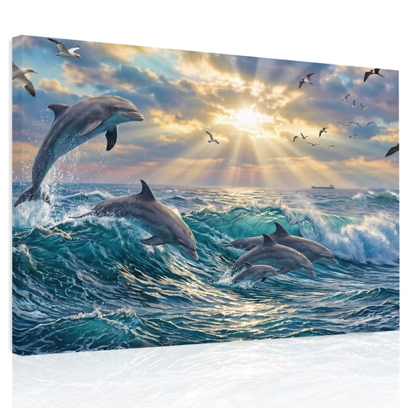 Jumping Dolphins Canvas Print Wall Art, Ocean Waves Sun Rays Sea Coastal Wall Decor Modern Artwork Paintings Pictures for Living Room Framed and Stretched Ready to Hang 12" x 16"