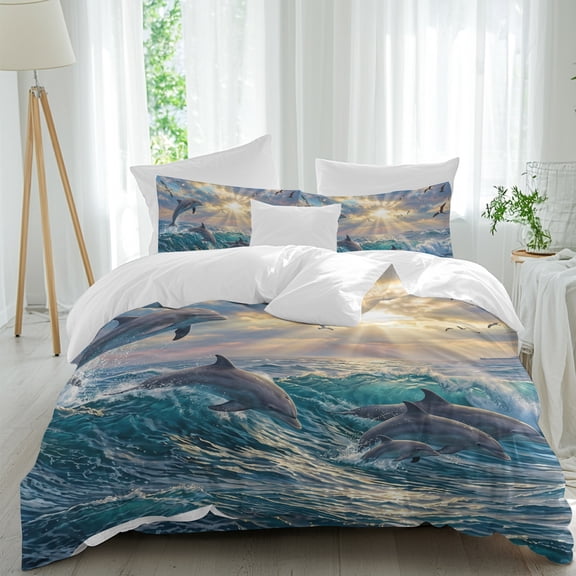 Jumping Dolphins Comforter Set Queen Size, Ocean Waves Sun Rays Sea Coastal Soft Bedding Set for Man Woman, 4 Pieces Duvet Cover Set with Fitted Sheet, 2 Pillowcases