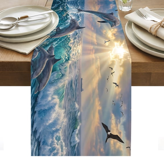 Jumping Dolphins Cotton Linen Table Runner Ocean Waves Sun Rays Sea Coastal Dining Table Runners for Home Decor Party Dining Room Restaurant Kitchen Party 13" x 48"