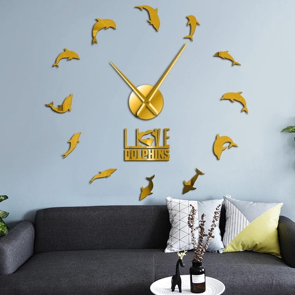 Jumping Dolphins DIY Large Wall Clocks Underwater Sea Animal I Love Dolphins Wall Art Stickers Decor Clock Frameless Giant Clock(Gold,37inch)