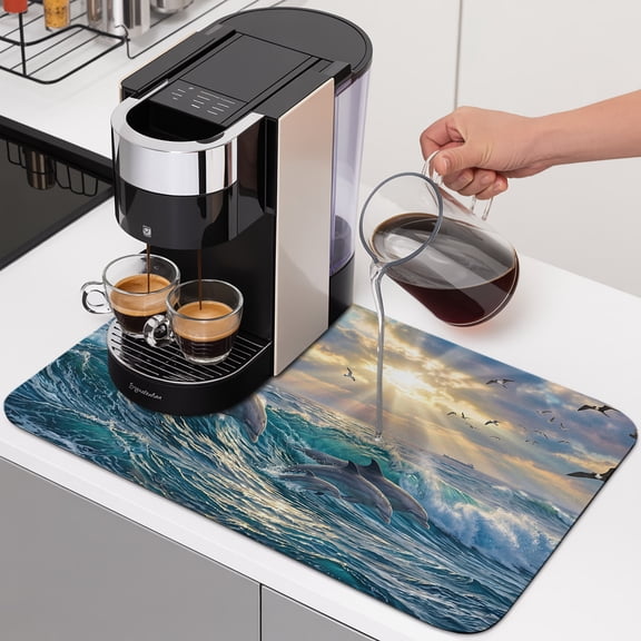 Jumping Dolphins Dish Drying Mats for Kitchen Counter, Ocean Waves Sun Rays Sea Coastal Absorbent Coffee Bar Mat with Non-slip Rubber Backed Quick Drying Dish Rack Pad 12"x16"