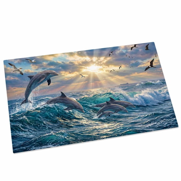 Jumping Dolphins Door Mat 16x24 Inch Ocean Waves Sun Rays Sea Coastal Entryway Rug with Non-Slip Rubber, Front Door Mat Indoor Floor Mats for Living Room Bathroom Bedroom Home Office