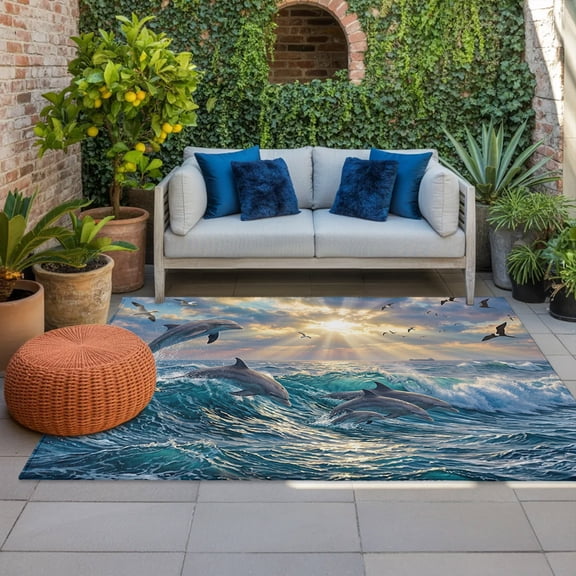 Jumping Dolphins Indoor Outdoor Rugs 3x5 Ft, Ocean Waves Sun Rays Sea Coastal Outdoor Patio Rugs Mat Washable Outside Area Rugs Carpet for Porch Deck RV Camping Pool Balcony Backyard