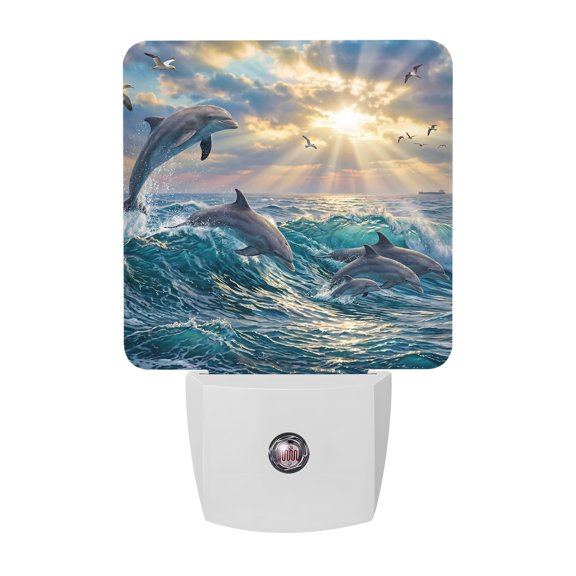 Jumping Dolphins Night Lights, Ocean Waves Sun Rays Sea Coastal Smart Auto Dusk to Dawn Sensor Nightlights Plug-in Nightlight for Bedroom Bathroom Living Room Kitchen Hallway