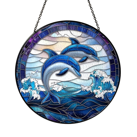 Jumping Dolphins Ocean Stained Glass Style Suncatcher Window Hanging Decor, Marine Decorative Glass Panel Art Window Ornament Coastal Beach Home Decor Gift