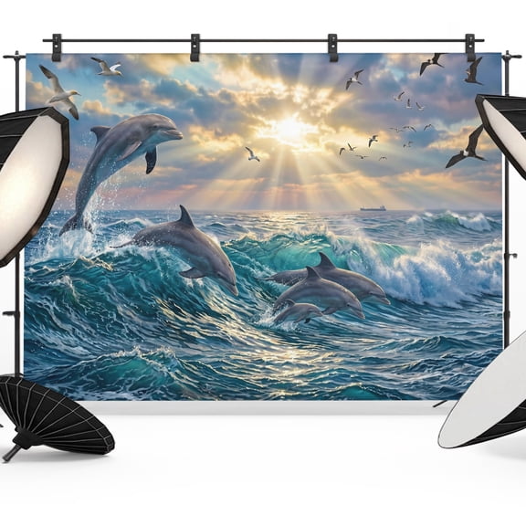 Jumping Dolphins Photography Backdrop 8x6FT, Ocean Waves Sun Rays Sea Coastal Photo Backdrops, Background for Photography Studio Photo Studio Background, Back Drop for Photoshoot