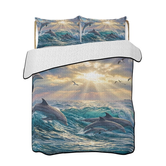 Jumping Dolphins Quilts Bedding Set Queen Size Ocean Waves Sun Rays Sea Coastal Lightweight Quilted Bedspread 3 Piece Bed Quilt with 2 Pillow Shams All Season for Bedroom 78" x 90"