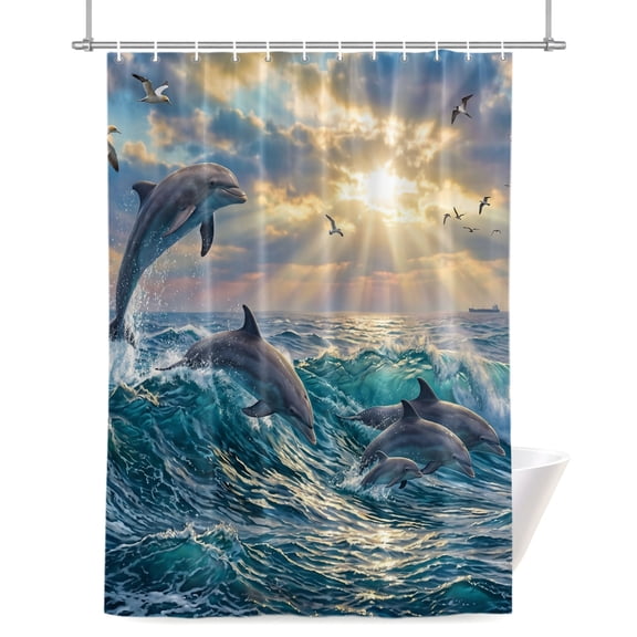 Jumping Dolphins Shower Curtains for Bathroom, Ocean Waves Sun Rays Sea Coastal Waterproof Fabric Shower Curtain for Bathroom Bathtub Decoration, Machine Washable 48"x72"